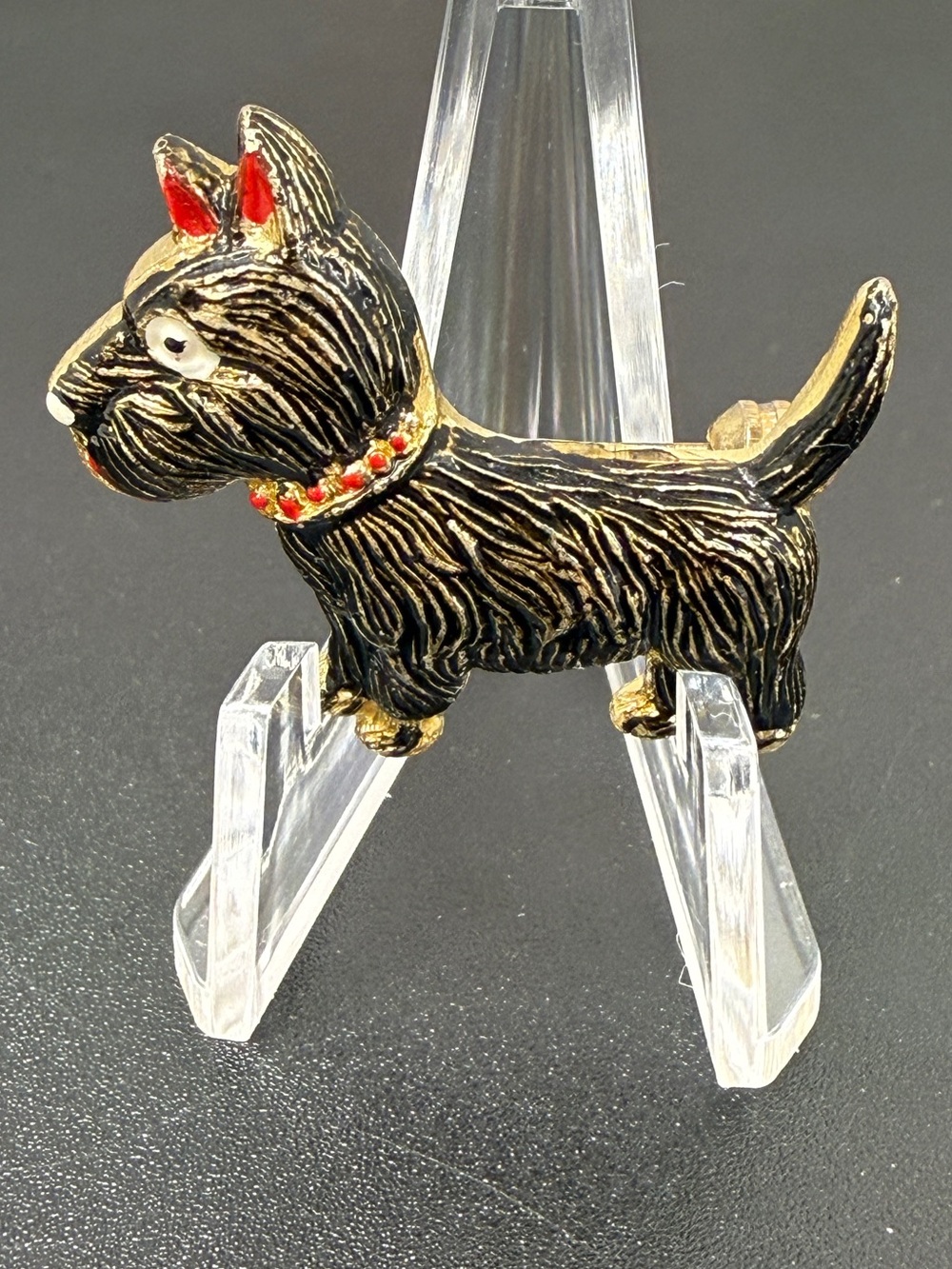Black Scottie Dog Brooch with Red Accents